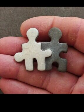 1990s Handcrafted Signed C Welch "Puzzle Buddies" Ceramic & Concrete Brooch